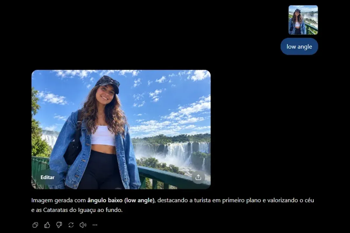 Print do ChatGPT com a foto enviada, o comando low angle e a imagem devolvida em ângulo baixo