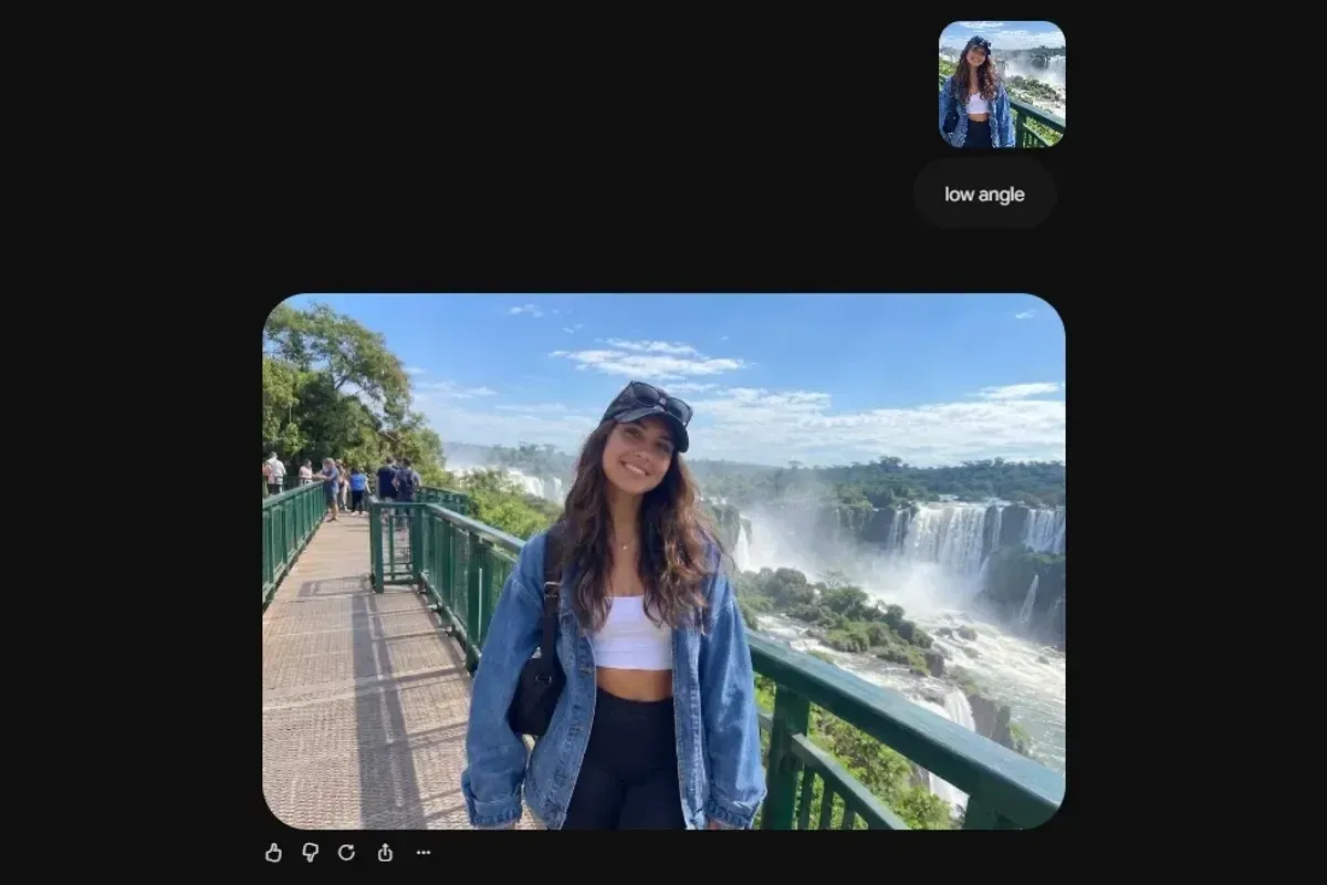Print do Gemini com a foto enviada, o comando low angle e a imagem devolvida em plano mais aberto