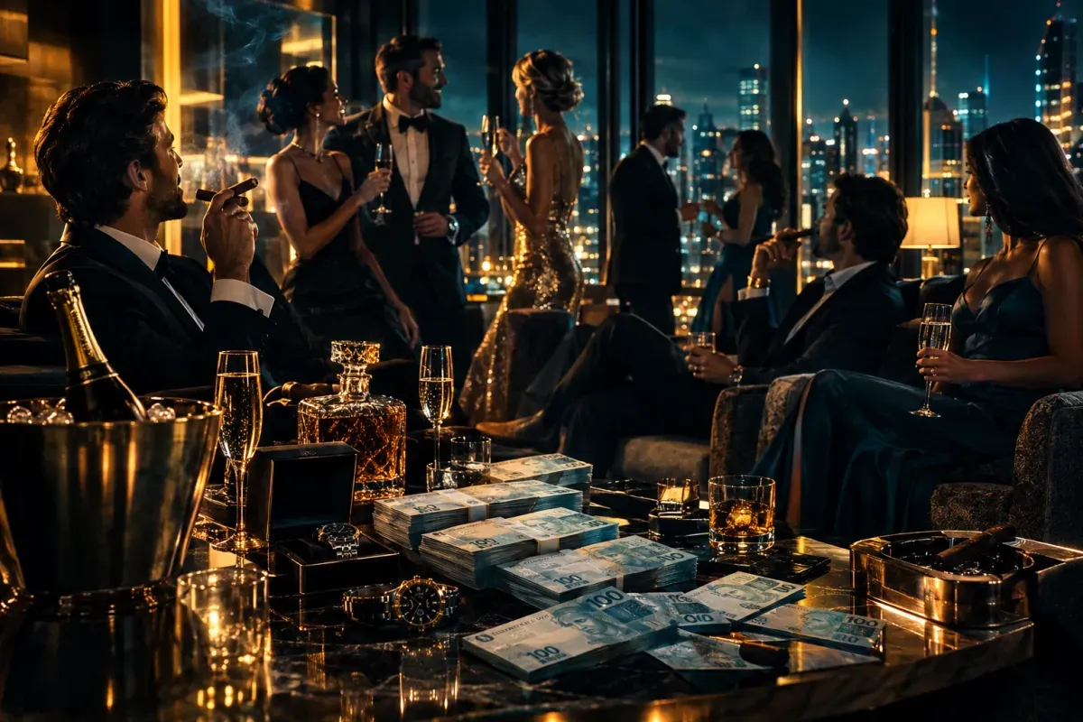 Cena de uma festa de gala em cobertura de luxo à noite, com convidados fictícios de terno e vestido, taças, charutos e cédulas sobre a mesa