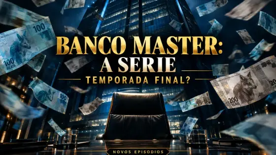 Pôster fictício de série em estilo cinematográfico com prédio comercial à noite, cadeira vazia em sala de reunião e notas flutuando