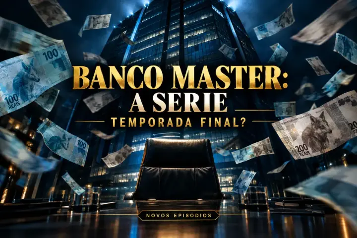 Pôster fictício de série em estilo cinematográfico com prédio comercial à noite, cadeira vazia em sala de reunião e notas flutuando