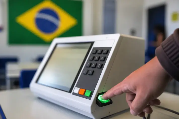 Dedo indicador no leitor de digital de uma urna eletrônica em sala de aula, com a bandeira do Brasil ao fundo