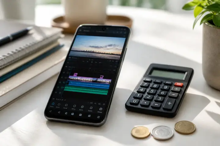 Celular exibindo um aplicativo de edição de vídeo com linha do tempo, ao lado de uma calculadora e moedas