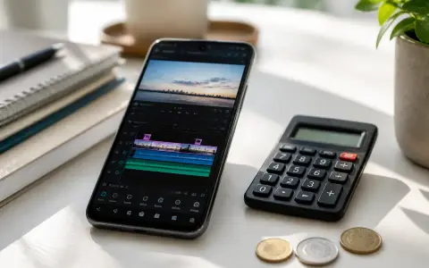 Celular exibindo um aplicativo de edição de vídeo com linha do tempo, ao lado de uma calculadora e moedas