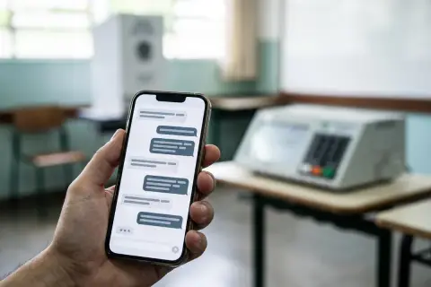 Mão segurando um celular com uma conversa de chatbot aberta, em frente a uma urna eletrônica desfocada em uma seção eleitoral