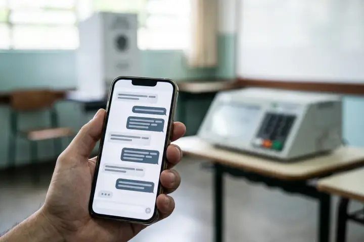 Mão segurando um celular com uma conversa de chatbot aberta, em frente a uma urna eletrônica desfocada em uma seção eleitoral