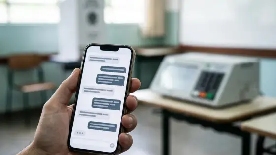 Mão segurando um celular com uma conversa de chatbot aberta, em frente a uma urna eletrônica desfocada em uma seção eleitoral