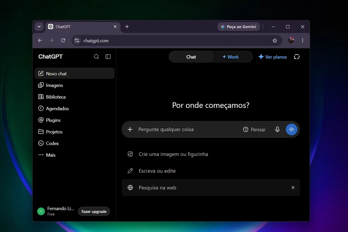 Tela do ChatGPT logado em conta gratuita, com o rótulo Free e o botão Fazer upgrade no canto inferior esquerdo