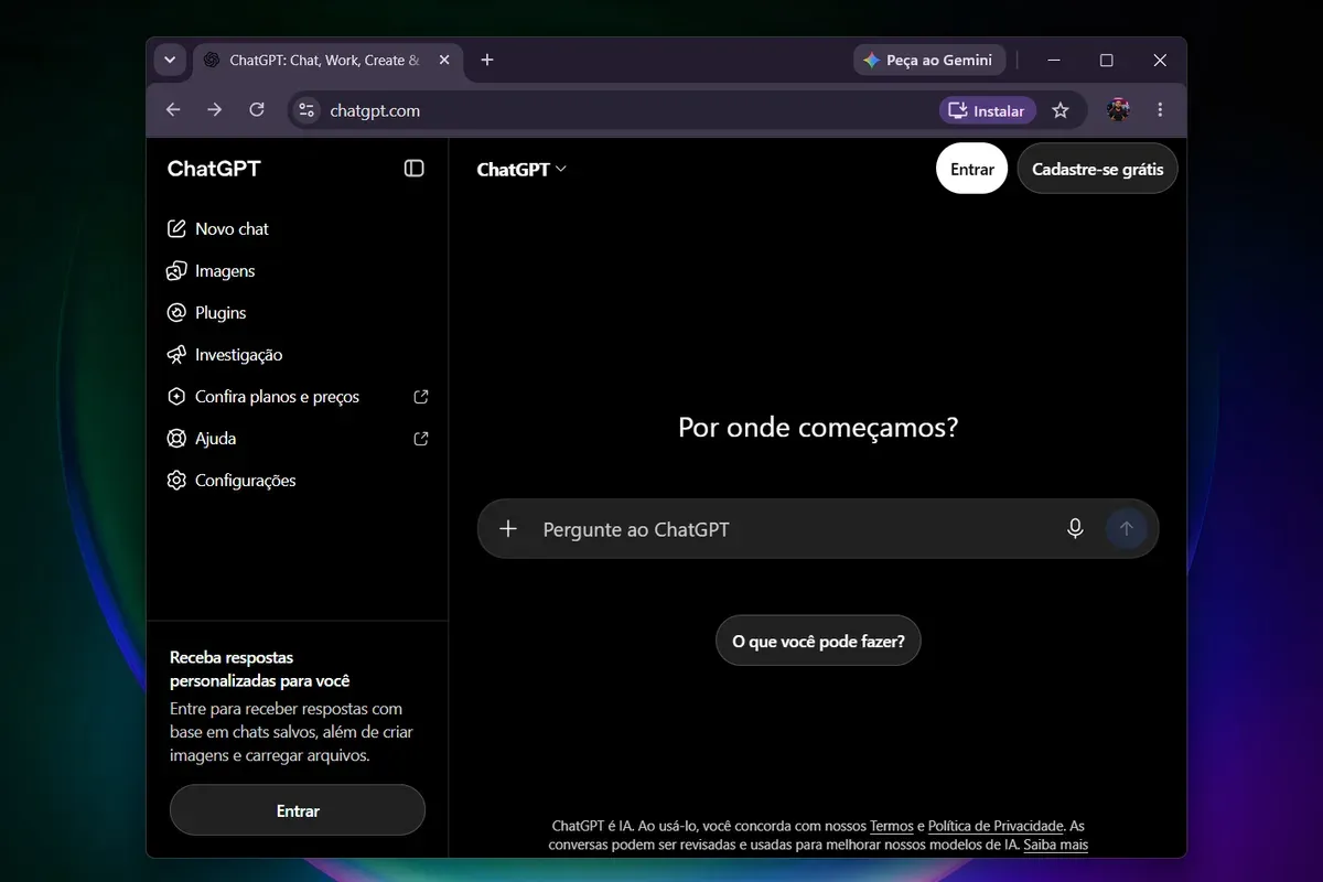 Página inicial do chatgpt.com sem login, com os botões Entrar e Cadastre-se grátis no topo e o campo Pergunte ao ChatGPT