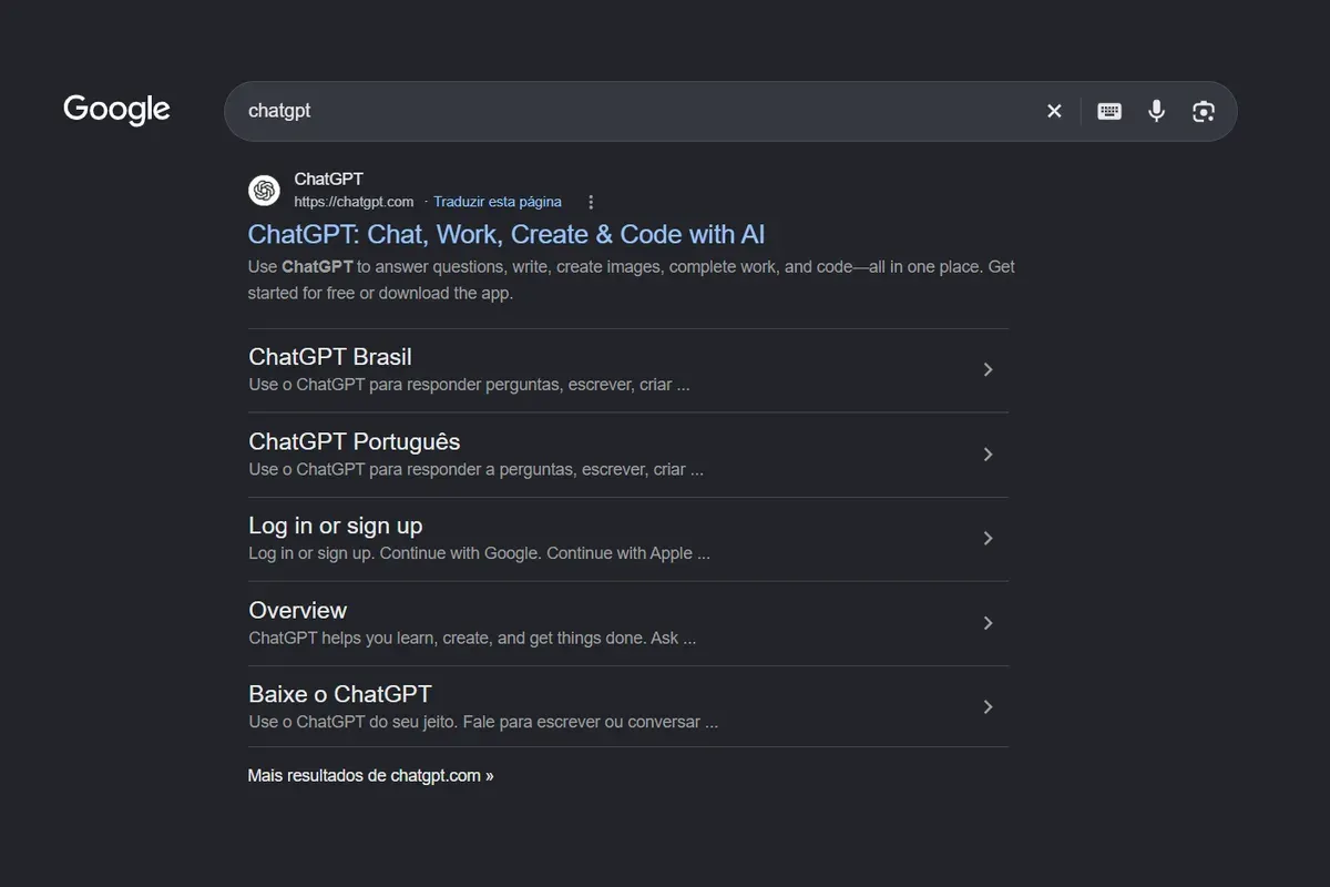 Resultado do Google para a pesquisa chatgpt, com o site oficial chatgpt.com em primeiro lugar e atalhos para login e download