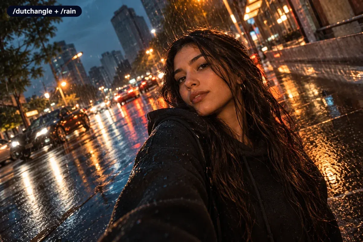 Jovem de capuz molhado numa rua à noite sob chuva, com horizonte inclinado, resultado da combinação dos comandos /dutchangle e /rain