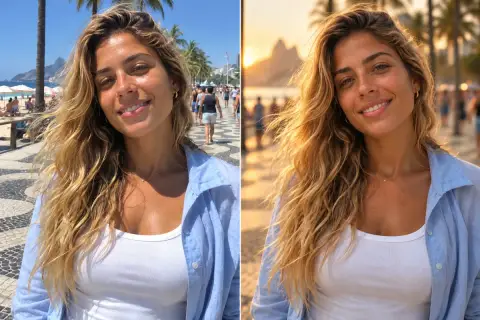 Antes e depois de foto editada com o ChatGPT: à esquerda sol forte de meio-dia, à direita luz dourada e fundo desfocado