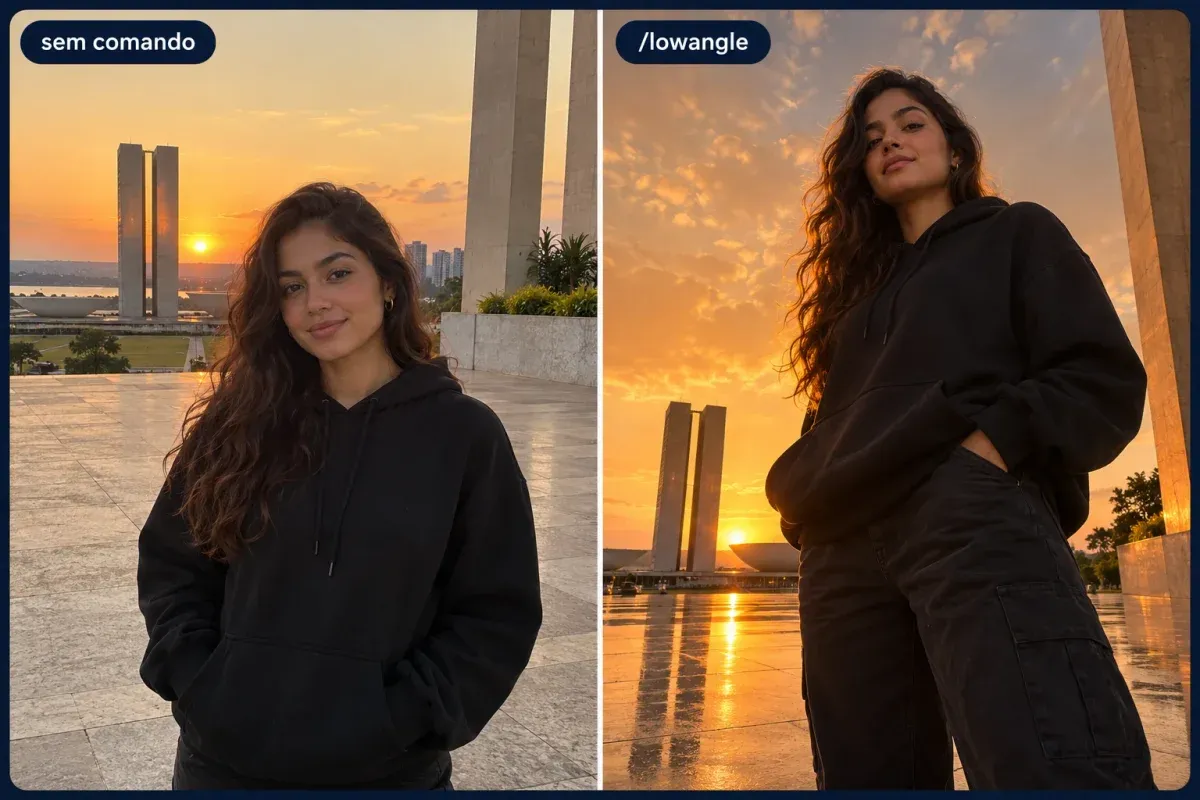 Comparação lado a lado da mesma jovem de moletom preto ao pôr do sol: à esquerda foto comum sem comando, à direita foto em ângulo baixo com o comando /lowangle