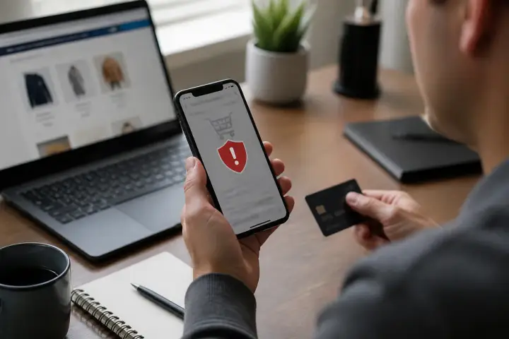Pessoa olhando a tela de um celular com um aviso de alerta sobre uma compra online suspeita