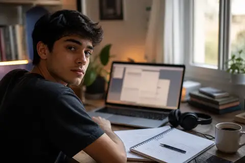 Estudante em mesa de casa com notebook, fones de ouvido e caderno de anotações, usando o Gemini Notebook para estudar