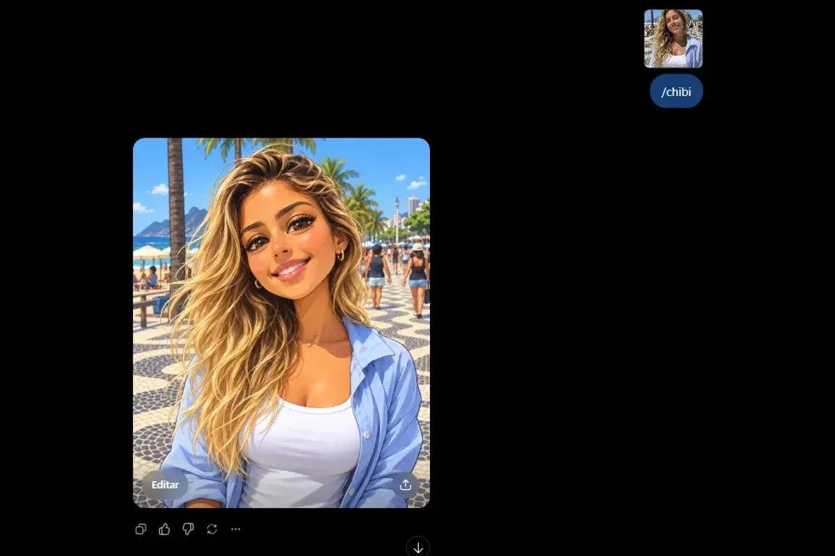 Print do ChatGPT com a foto enviada, o comando /chibi e a imagem devolvida como um retrato em estilo de desenho, com olhos grandes