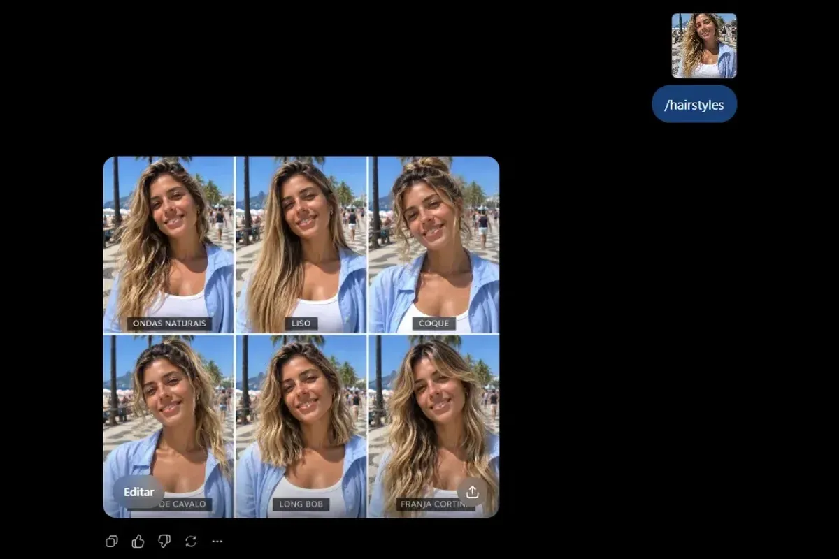 Print do ChatGPT com a foto enviada, o comando /hairstyles e uma colagem de seis quadros com cortes de cabelo diferentes