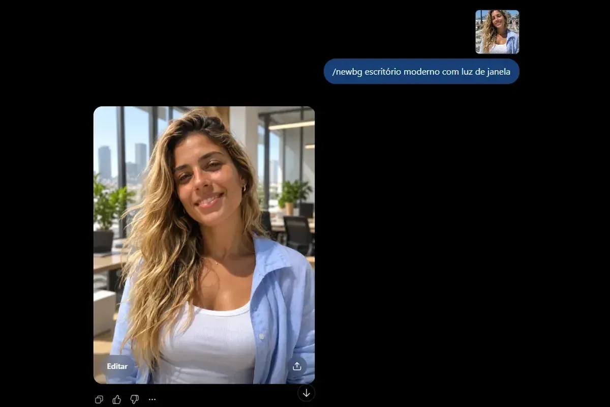 Print do ChatGPT com a foto enviada, o comando /newbg escritório moderno com luz de janela e a imagem devolvida com a mulher em um escritório