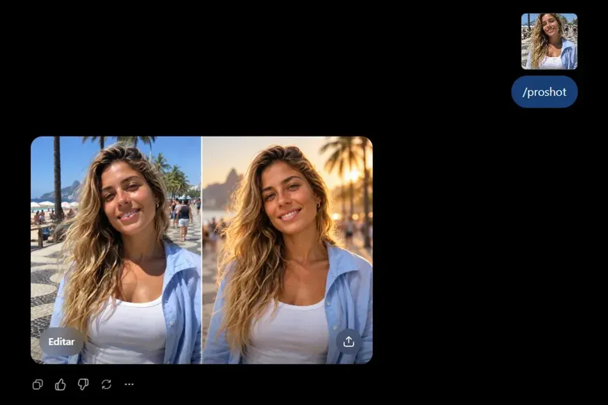 Print do ChatGPT com a foto enviada, o comando /proshot e a imagem devolvida com a foto original à esquerda e a versão editada à direita