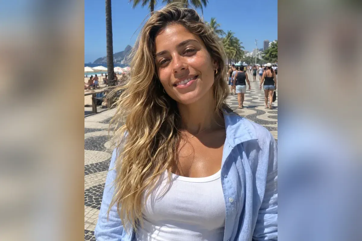 Mulher loira de cabelo ondulado, camisa azul-clara e regata branca no calçadão de Copacabana, em foto comum de celular com sol forte