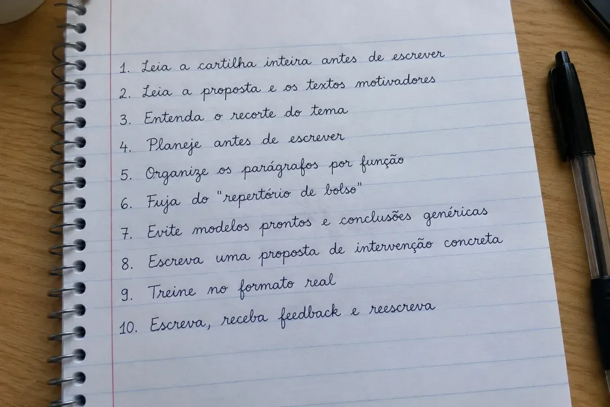 Folha de caderno pautado com as 10 dicas para a redação do ENEM escritas à mão: ler a cartilha, ler a proposta e os textos motivadores, entender o recorte do tema, planejar, organizar os parágrafos, fugir do repertório de bolso, evitar modelos prontos, escrever uma proposta de intervenção concreta, treinar no formato real e reescrever com feedback