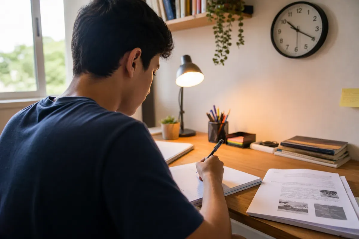 Estudante escrevendo uma redação à mão à tinta preta, em uma mesa de estudos com relógio de parede, luminária e livros ao fundo