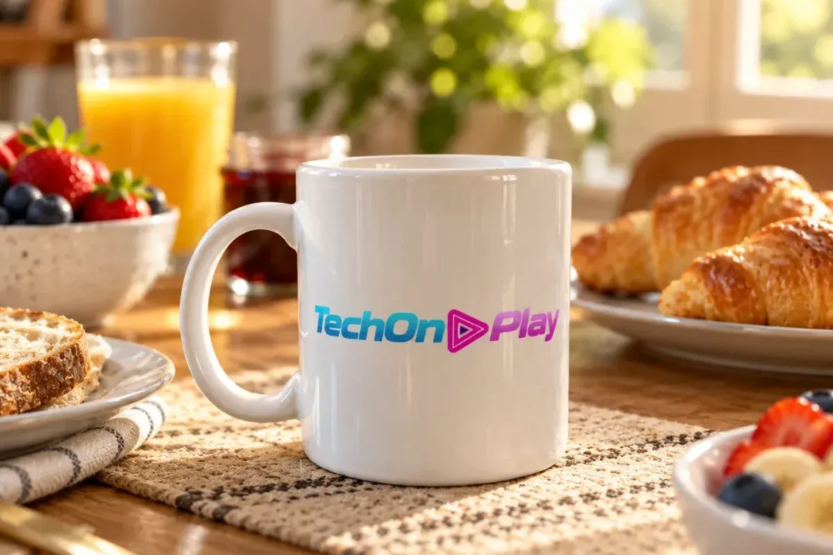 Caneca branca com o logotipo do TechOnPlay em foco sobre uma mesa de madeira de café da manhã, com pão, frutas, suco de laranja e croissants ao redor