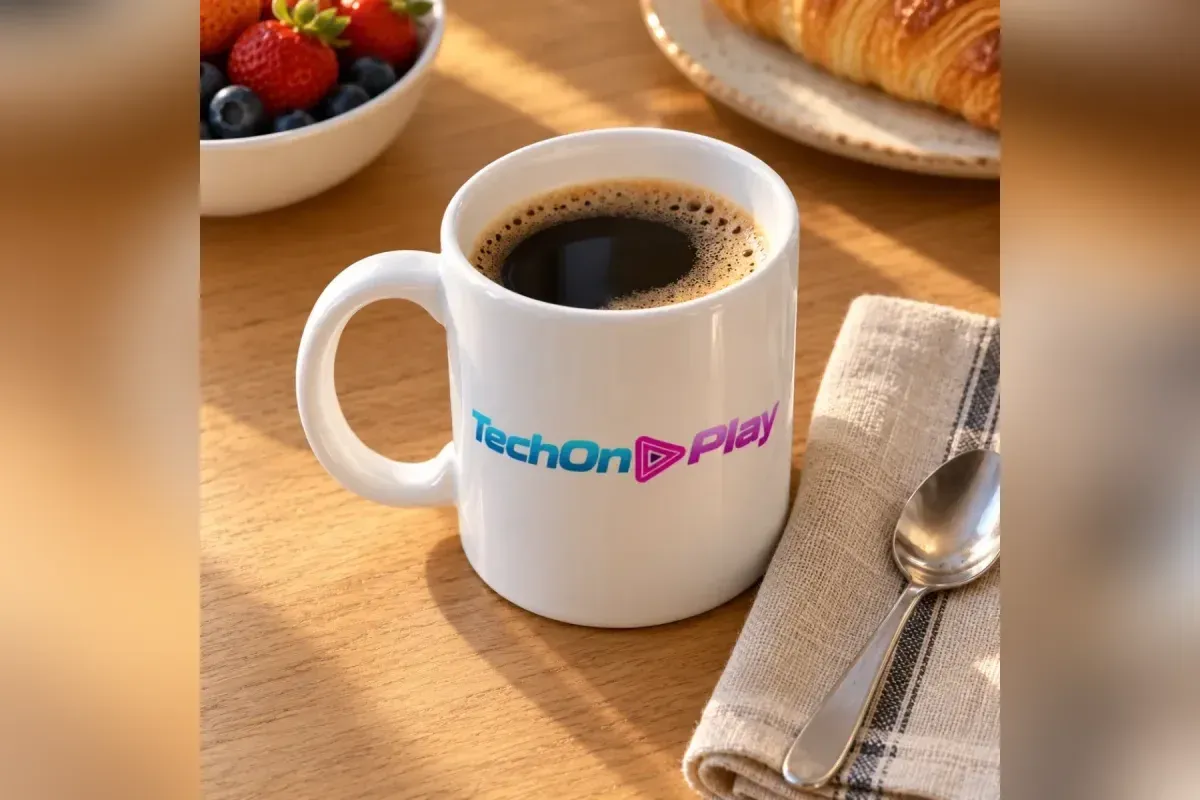 Caneca branca com o logotipo do TechOnPlay e café preto dentro, vista de cima em ângulo inclinado, sobre mesa de madeira com guardanapo de linho, colher, frutas e croissant