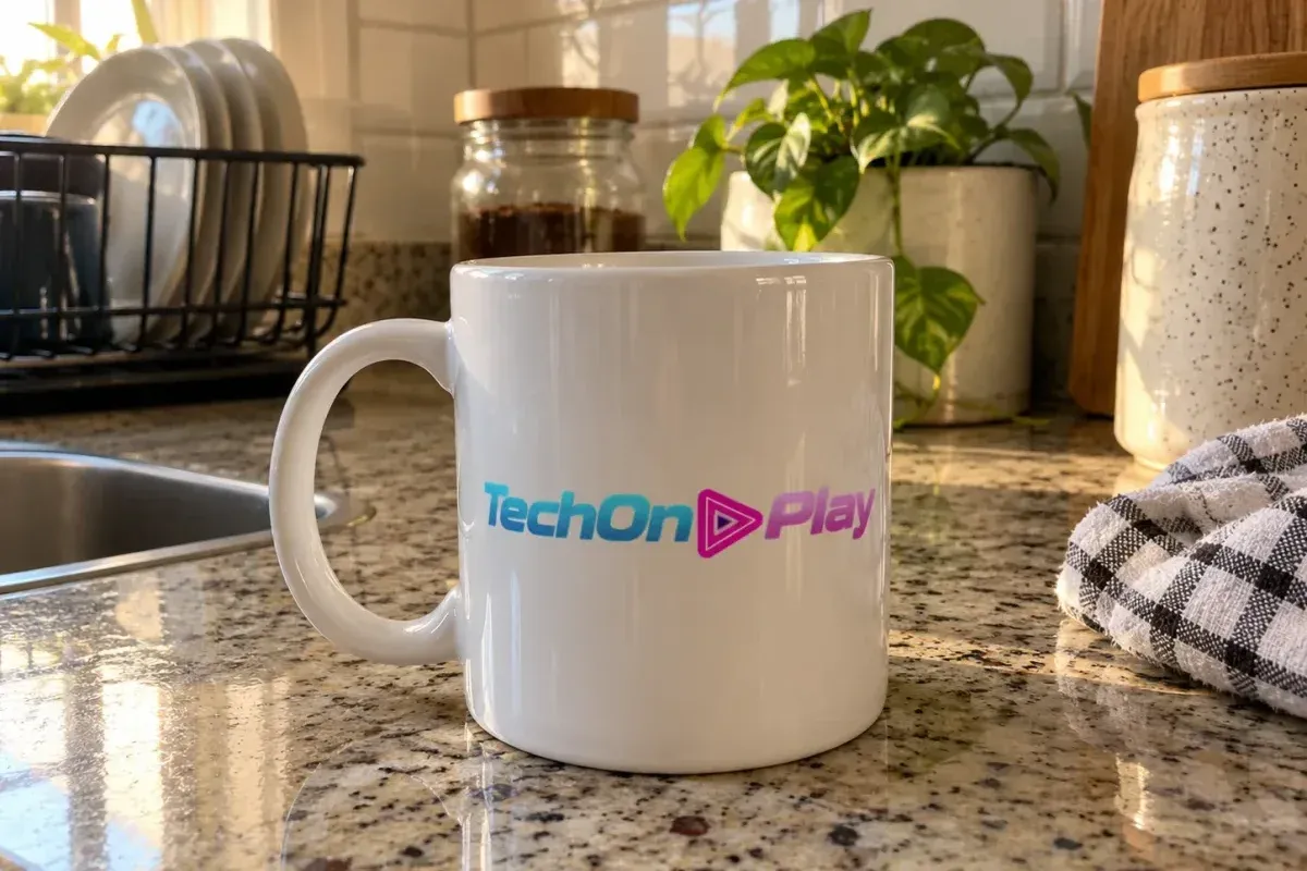 Caneca branca com o logotipo do TechOnPlay sobre uma bancada de granito, com luz dourada de janela, planta e escorredor de louça ao fundo