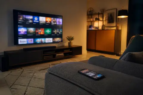 Sala de estar com uma smart TV ligada exibindo um menu de aplicativos e um celular sobre o sofá