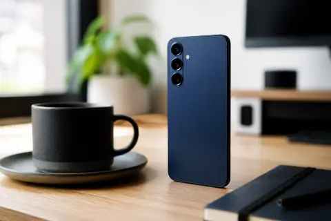 Celular Android azul-marinho com três câmeras traseiras em pé sobre uma mesa de madeira, ao lado de uma xícara
