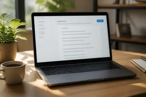 Notebook sobre uma mesa de madeira mostrando uma tela de configurações com uma lista de instruções