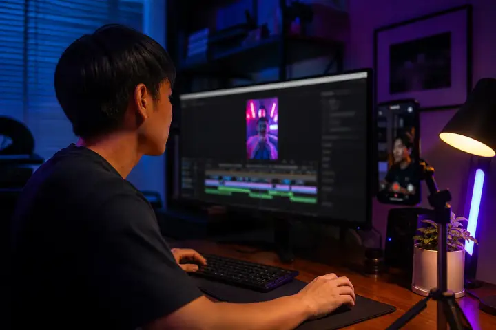 Criador de conteúdo editando um vídeo gerado por IA em um monitor, com celular em tripé ao lado