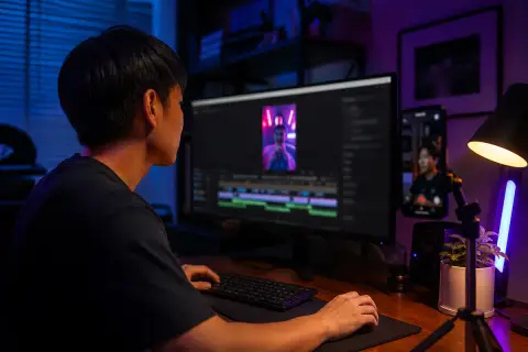Criador de conteúdo editando um vídeo gerado por IA em um monitor, com celular em tripé ao lado