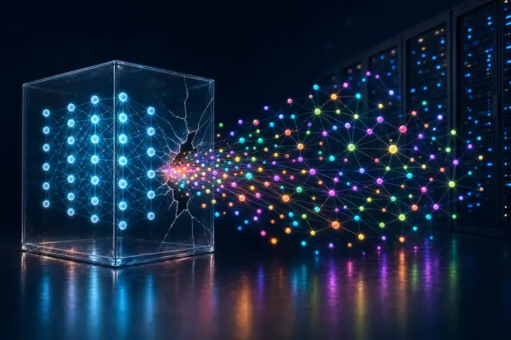 Ilustração de um cubo de vidro rachado com uma rede neural azul dentro, de onde escapa um enxame de esferas coloridas conectadas rumo a uma fileira de servidores