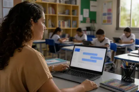 Professora usando um assistente de IA no notebook em sala de aula
