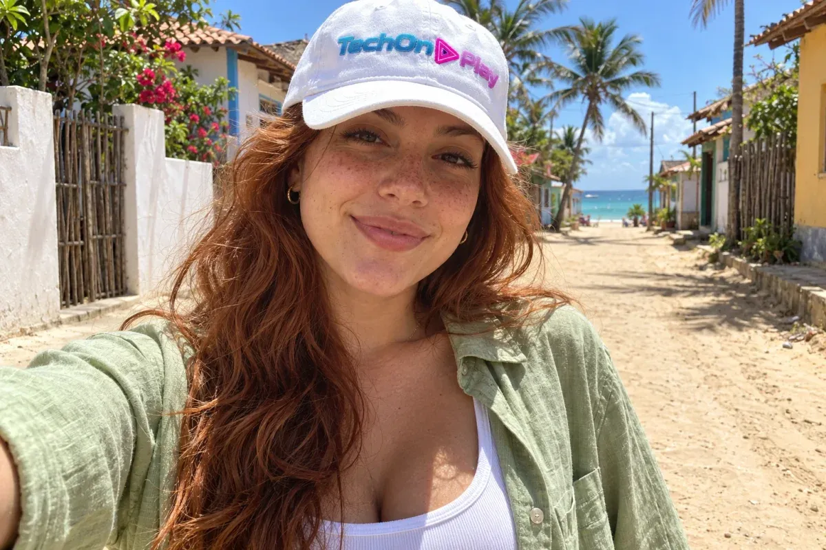 Selfie de uma jovem ruiva de boné branco com o logotipo do TechOnPlay, numa rua de areia de vila de praia, com sol forte de meio-dia e céu azul