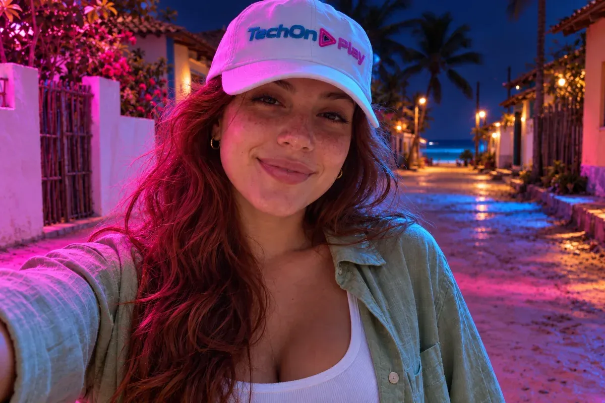 A mesma selfie à noite, com luz de neon magenta vinda da esquerda, reflexos azuis na areia e lâmpadas amarelas ao fundo