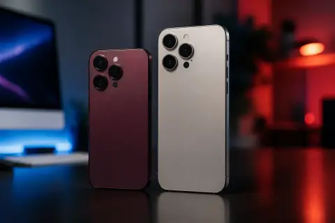 Dois celulares premium de tamanhos diferentes, um bordô e outro prateado, lado a lado sobre uma superfície escura