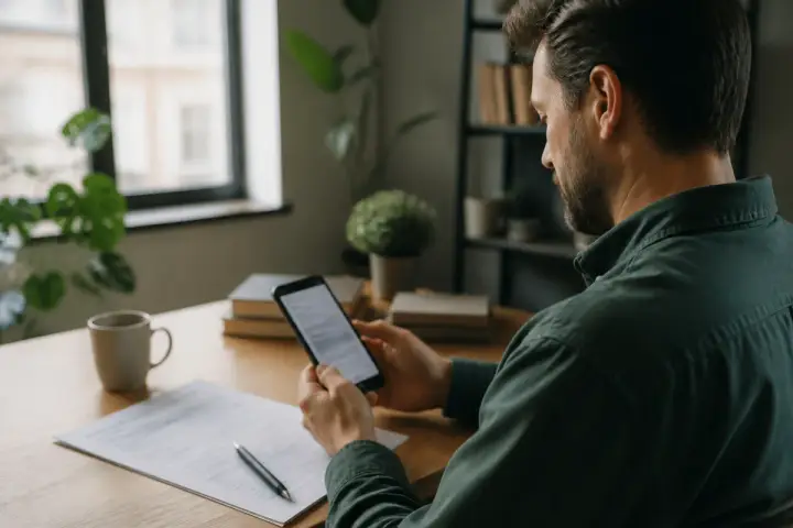Pessoa em uma mesa consultando o celular ao lado de um formulário e uma caneta