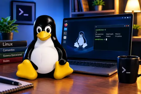 Pinguim Tux ao lado de um notebook com o terminal do Linux aberto e livros sobre Linux, comandos e redes