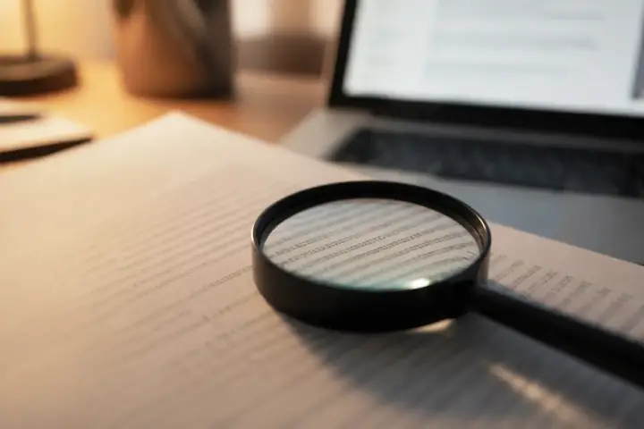 Página impressa sobre uma mesa com uma lupa sobre algumas palavras