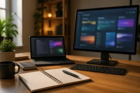 Mesa de trabalho com notebook e monitor exibindo interfaces de ferramentas de IA do Google, com caderno e caneta em primeiro plano