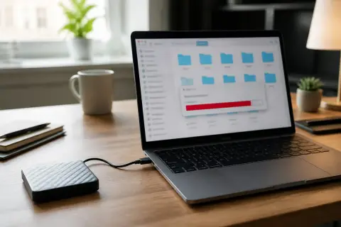 Gráfico de barras de armazenamento em nuvem ao lado de pastas de arquivos sobre uma mesa de trabalho