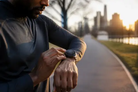 Smartwatch Moto Watch Ultra de aço inoxidável no pulso de um corredor