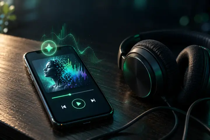 Celular com um player de música em modo escuro e capa de álbum com a silhueta de uma cantora se desfazendo em pixels, ao lado de fones de ouvido sobre uma mesa de madeira