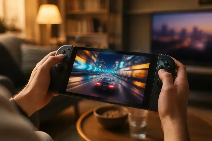 Console portátil híbrido com Joy-Con nas mãos de uma pessoa em uma sala