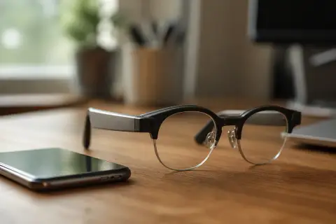 Óculos inteligentes de armação escura sobre uma mesa de madeira ao lado de um celular