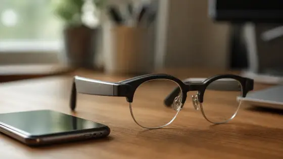 Óculos inteligentes de armação escura sobre uma mesa de madeira ao lado de um celular