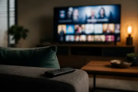 Televisão exibindo uma tela de aplicativo de streaming desfocada com um controle remoto em primeiro plano